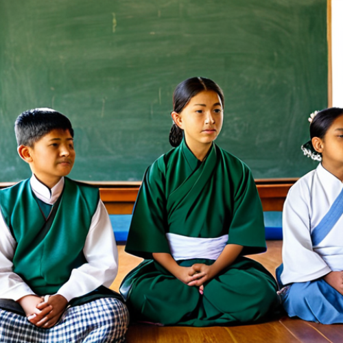 Home 11 A group of young Bhutanese students and their teacher in a serene, sunlit classroom that opens to a lush green garden. The students, fully clothed in modest traditional Bhutanese attire (gho and kira), are seated calmly on cushions, engaged in a gentle mindfulness exercise led by their teacher. The atmosphere is peaceful and focused, emphasizing holistic learning and emotional balance. professional photography, high quality, perfect anatomy, correct proportions, natural pose, well-formed hands, proper finger count, natural body proportions, safe for work, appropriate content, family-friendly, fully clothed, professional dress.