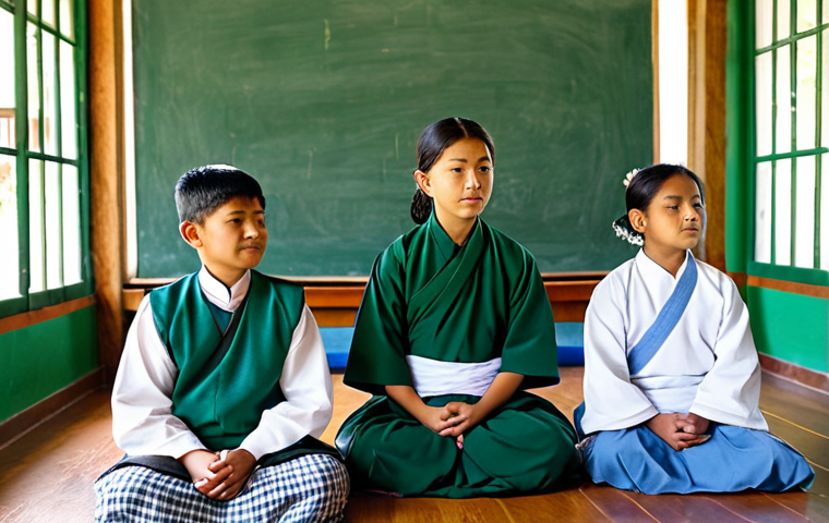 A group of young Bhutanese students and their teacher in a serene, sunlit classroom that opens to a lush green garden. The students, fully clothed in modest traditional Bhutanese attire (gho and kira), are seated calmly on cushions, engaged in a gentle mindfulness exercise led by their teacher. The atmosphere is peaceful and focused, emphasizing holistic learning and emotional balance. professional photography, high quality, perfect anatomy, correct proportions, natural pose, well-formed hands, proper finger count, natural body proportions, safe for work, appropriate content, family-friendly, fully clothed, professional dress.