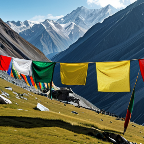 Home 6 Prompt 1: Windswept Prayer Flags in a Mountainous Landscape**