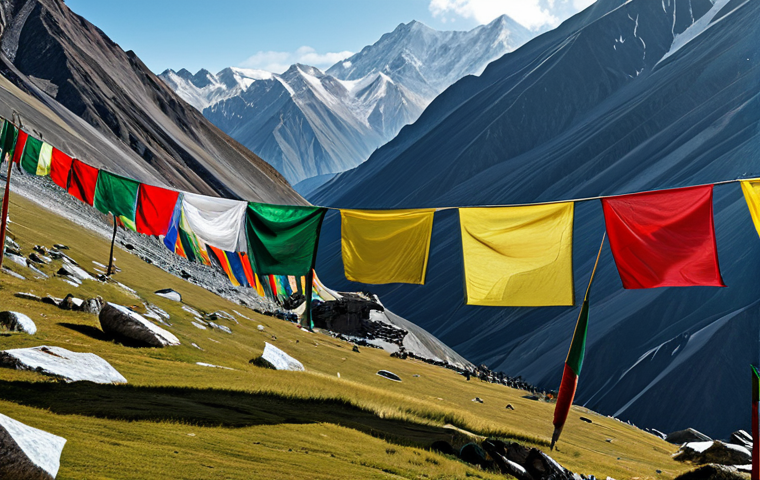 Prompt 1: Windswept Prayer Flags in a Mountainous Landscape**