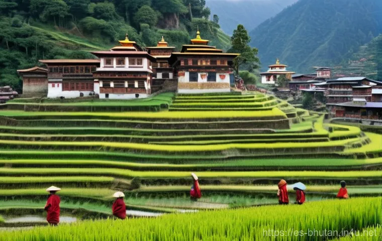 부탄 국왕과 왕실 - **"Gross National Happiness in a Bhutanese Village"**
    A serene and vibrant image capturing the e...