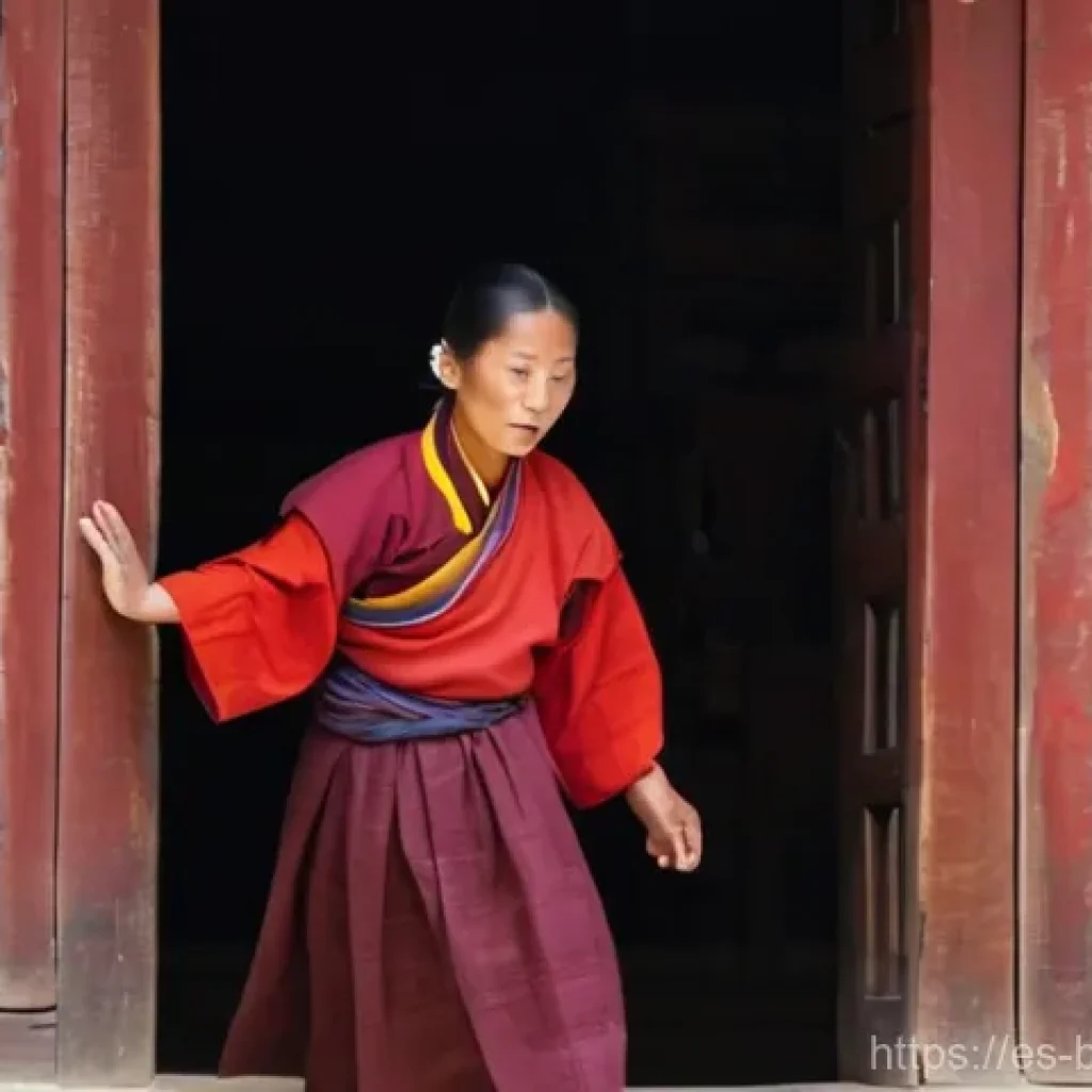 부탄에서 사찰 예절 - **A visitor demonstrating respectful attire and conduct at a Bhutanese Dzong.**
A female tourist...