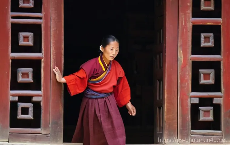 부탄에서 사찰 예절 - **A visitor demonstrating respectful attire and conduct at a Bhutanese Dzong.**
    A female tourist...