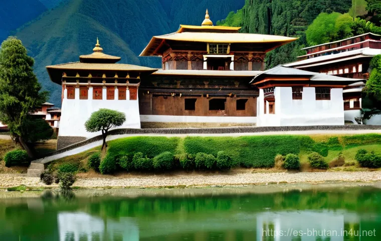 부탄 종교 건축물 - **A majestic Bhutanese Punakha Dzong, nestled at the confluence of two sacred rivers, under a clear,...