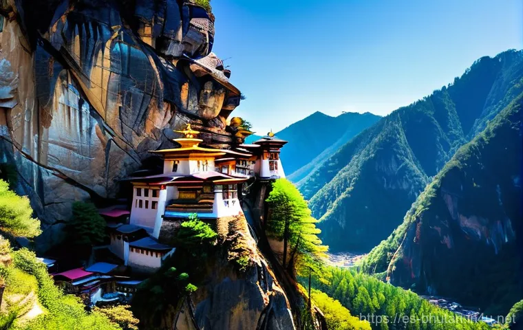 부탄 종교 건축물 - **A majestic Bhutanese Punakha Dzong, nestled at the confluence of two sacred rivers, under a clear,...