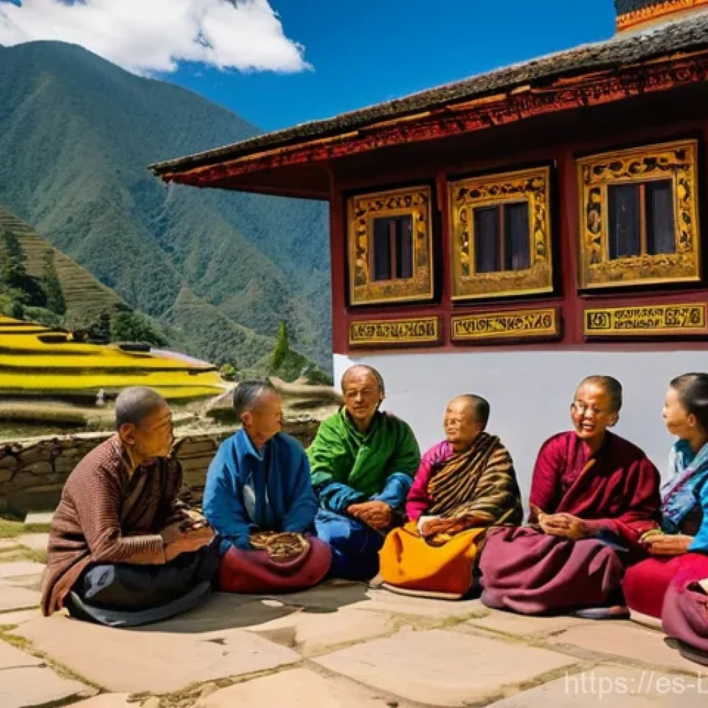 부탄 경제와 주요 산업 - A serene and joyful depiction of Bhutanese daily life. The scene features a multi-generational group...