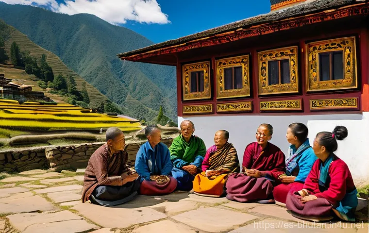부탄 경제와 주요 산업 - A serene and joyful depiction of Bhutanese daily life. The scene features a multi-generational group...