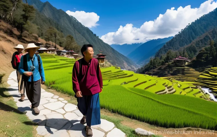 부탄 경제와 주요 산업 - A serene and joyful depiction of Bhutanese daily life. The scene features a multi-generational group...