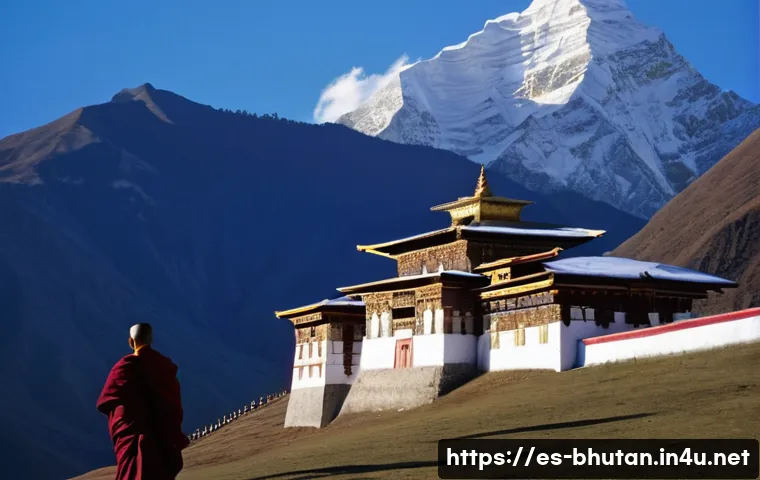 부탄과 티베트의 관계 - **Prompt:** A serene and majestic scene depicting an ancient Vajrayana Buddhist monastery nestled hi...