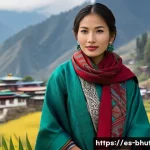 Home 22 부탄에서 전통 의복 착용 체험 - **Prompt 1: Serene Elegance in Bhutanese Attire**
A young woman, approximately 20-25 years old, ...