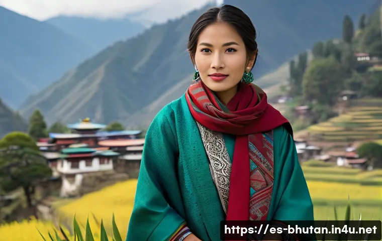 부탄에서 전통 의복 착용 체험 - **Prompt 1: Serene Elegance in Bhutanese Attire**
    A young woman, approximately 20-25 years old, ...