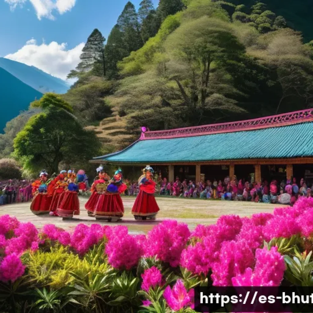 부탄의 봄철 축제와 꽃놀이 - A vibrant traditional Bhutanese spring festival scene featuring dancers in elaborately embroidered c...