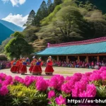 Home 21 부탄의 봄철 축제와 꽃놀이 - A vibrant traditional Bhutanese spring festival scene featuring dancers in elaborately embroidered c...