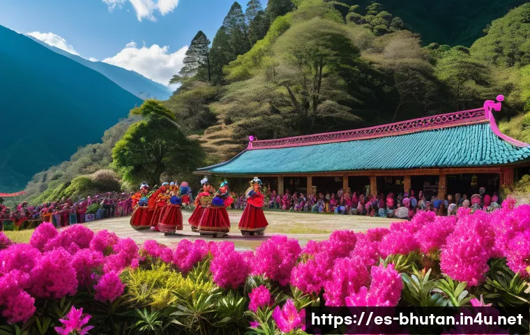 부탄의 봄철 축제와 꽃놀이 - A vibrant traditional Bhutanese spring festival scene featuring dancers in elaborately embroidered c...