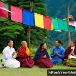 Home 20 부탄 정부의 정치 체제 - A vibrant scene depicting a Bhutanese village council meeting outdoors, with local leaders in tradit...