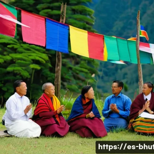 Home 32 부탄 정부의 정치 체제 - A vibrant scene depicting a Bhutanese village council meeting outdoors, with local leaders in tradit...