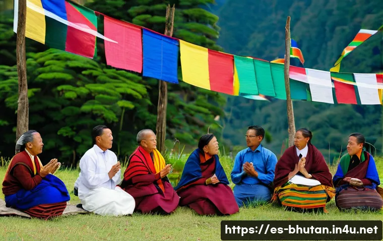 부탄 정부의 정치 체제 - A vibrant scene depicting a Bhutanese village council meeting outdoors, with local leaders in tradit...