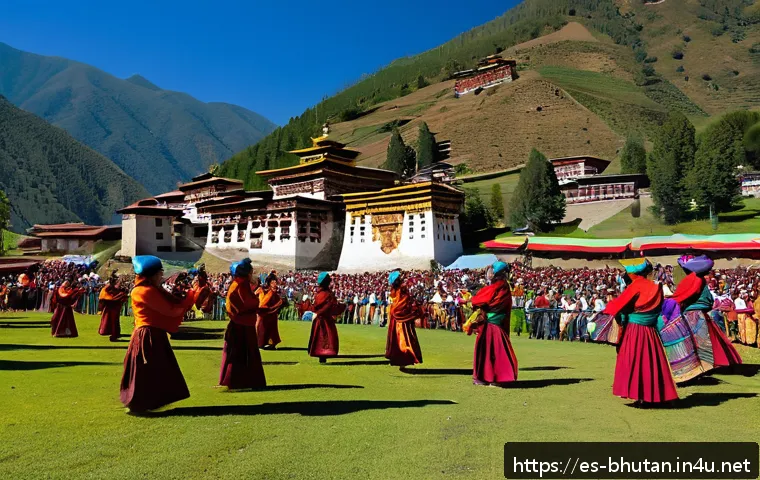 부탄 국민과 여행객의 상호 작용 - A vibrant Bhutanese festival scene in Paro valley, featuring traditionally dressed locals and visito...
