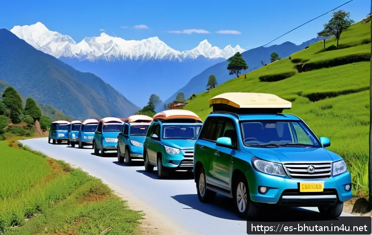 부탄의 차 문화 - A serene mountain road in Bhutan winding through lush green forests under a clear blue sky, featurin...