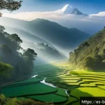 Home 23 부탄 국민의 민족성 - A serene Bhutanese mountain landscape during early morning mist, featuring lush green forests and cr...