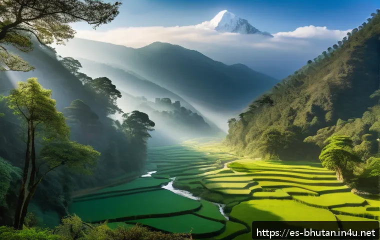 부탄 국민의 민족성 - A serene Bhutanese mountain landscape during early morning mist, featuring lush green forests and cr...