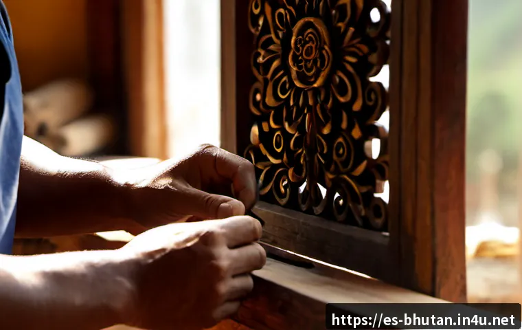 부탄 전통 조각 예술 - Photorealistic close-up of a Bhutanese master artisan hand-carving an intricate traditional wooden w...