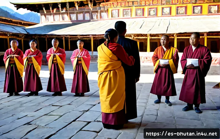 Home 17 부탄 왕실 전통 혼례 - Photorealistic Bhutanese royal traditional wedding ceremony inside an ornate dzong courtyard, bride ...