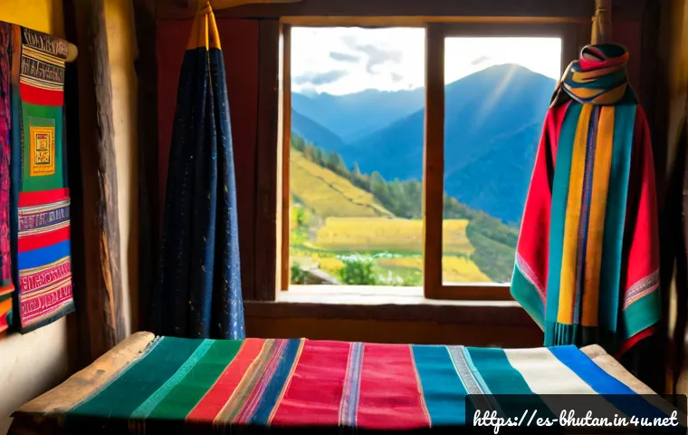 부탄의 특산품 - Photorealistic artisan display of Bhutanese handwoven textiles, richly patterned kira fabric and woo...